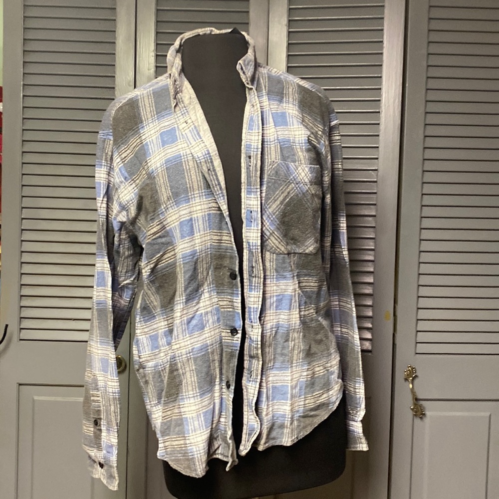 Plaid Flannel Unisex Small Gray/Blue/White